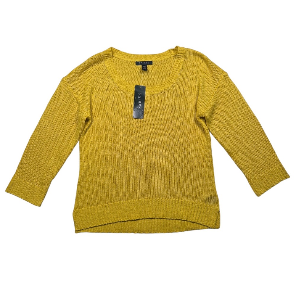 New Lauren Ralph Lauren Sweater Womens XL Yellow Scoop Neck 3/4 Sleeve NWT